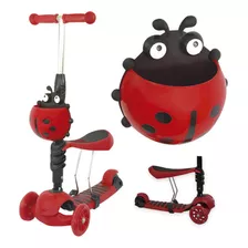 Patinete Infantil 3 Rodas Joaninha 2 Em 1 Com Luz Vermelho