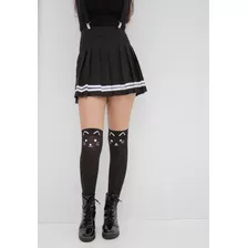 Saia Colegial Listrada Preta + Susp Preto + Meia Gato - Kpop