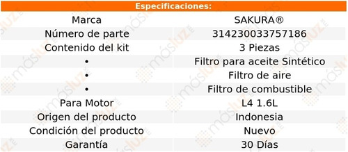 Kit Filtros (3) Sinttico Clio L4 1.6l 2001/2007 Sakura Foto 2