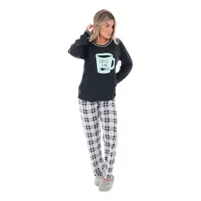 Pijama Longo Calça Xadrez Preto Branco Blusa Preta Estampada