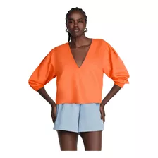 Blusa Manga Longa Decote V Com Linho Laranja Dzarm