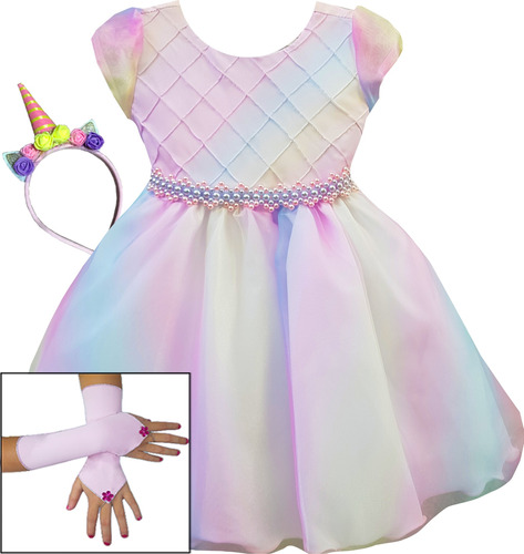 Vestido Infantil Unicórnio Fashion Arco Iris Luxo 1 Ao 3