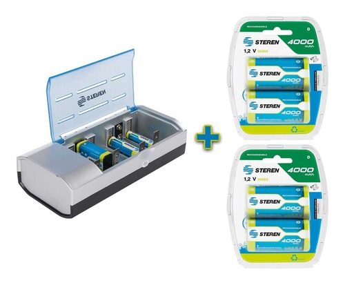 Kit Cargador Steren + 4 Pilas Tamaño D 4000 Mah