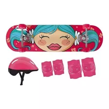 Kit Skate Infantil Menina Até 100kg 79x20cm Com Capacete Mor