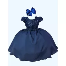 Vestido Infantil Azul Marinho Busto C/ Renda E Cinto Pérolas