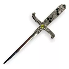 Athame Metal Prata Brilhante 19 Cm Pedra Verde E Strass