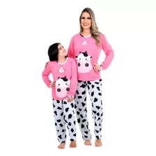 Pijama Mãe E Filha Vaquinha Feminino Longo De Inverno Fechad