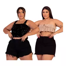 Kit Short E Saia Jeans Preto Plus Size Lisa Cintura Alta