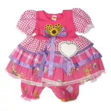 Vestido Junino Rosa Coração Girassol Piti Caipira Infantil 