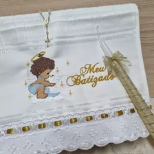 Toalha Nome Personalizado Bebê Menino Bordado Vela + Terço 