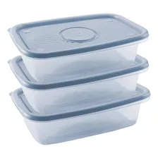 Conjunto 3 Potes Plástico Pop Retangular 1,2 L P/ Alimentos Jogo Potinho Marmita Fitness Cor Azul Clean