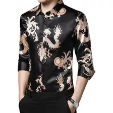 Hombre Camisas Camisa Casual De Seda Con Estampado De Dragón