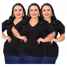 Kit 3 Blusa Feminina Longa Camiseta Gola V Plus Size G1 A G3