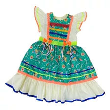 Vestido Infantil Festa Junina Arraiá Azul Bege Bolas Coração