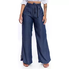 Calça Pantalona Feminina Linho Com Lastex Wide Leg S3981