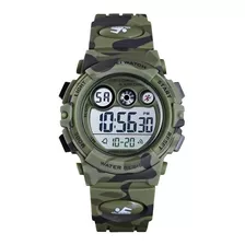 Reloj Pulsera Skmei 1547 De Cuerpo Color Verde Militar, Digital, Para Niños, Fondo Gris, Con Correa De Poliuretano Color Verde Militar, Dial Negro, Minutero/segundero Negro, Bisel Color Verde Militar,