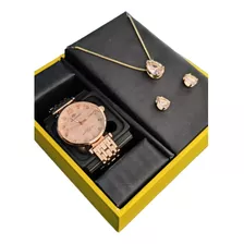 Relógio Feminino+ Colar Pingente Brincos Folheado A Ouro 18k