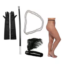 Kit Fantasia Melindrosa Gangster Tiara Luvas Colar Meia 5 Pç