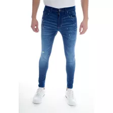 Pantalon Jean Skinny Manchado A Mano Azul Discobolo