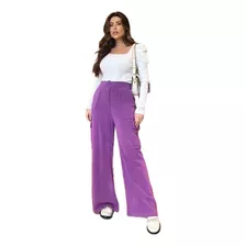 Calça Cargo Tricot Mousse Cintura Alta Com Bolsos E Botão