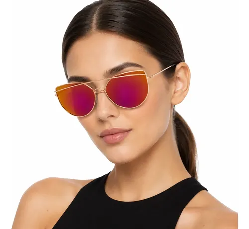 Lentes De Sol Espejados Aviador Rojos Amarillos Uv400 Mujer Rojo Dorado