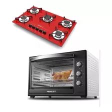 Fogão Cooktop 5 Bocas Vermelho + Forno De Eletrico 60 Litros 220v