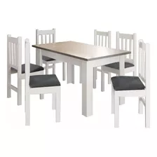 Juego Comedor Madera 6 Sillas Tapizadas LG Amoblamientos Color Blanco Diseño De La Tela De Las Sillas Rayado