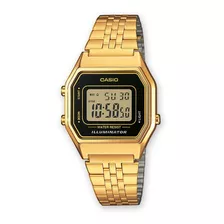 Reloj Pulsera Casio Collection La680 De Cuerpo Color Dorado, Digital, Para Mujer, Fondo Negro, Con Correa De Acero Inoxidable Color Dorado, Dial Negro, Minutero/segundero Negro, Bisel Color Dorado Y H