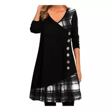 Vestido Feminino Moderno Com Decote Em V, Xadrez Frio, Patch