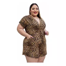 Macaquinho Plus Size Com Manga E Bolso Ajuste Na Cintura