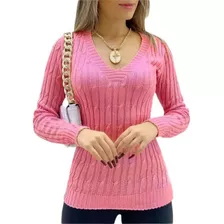 Blusa De Frio Femin Tricot Decote Gola V Lisa Tranças Basica