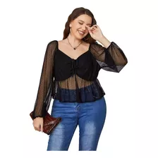 Blusa Transparente De Encaje, Negra, P/mujer, Tallas Grandes