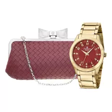 Relógio Feminino Champion Dourado Analógico + Bolsa Clutch Cor Do Fundo Marsala