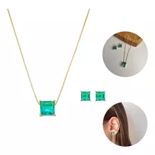 Conjunto Colar E Brinco Pedra Verde Esmeralda Banho Ouro 18k