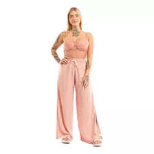 Calça Flare Pantalona Feminina Fenda Forro Cintura Alta