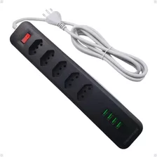 Extensão 5 Tomadas Tripolar 10a 2m 4 Usb Preta Bivolt Regua