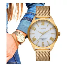 Relógio Feminino Dourado Luxo Orient Prova Dágua Mesh Número