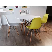 Mesa Eames Wood 80 Com 2 Cadeira Branca + 2 Cadeiras Amarela