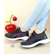 Tenis Comodo Para El Deporte Color Negro Fucsia Dama Moda