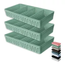 Kit 3 Cesto Organizador Gg Armário Gaveta Rattan 3 Divisória Cor Verde