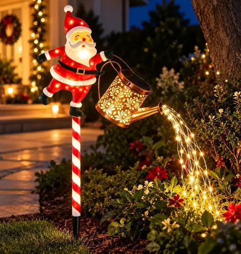 Estaca Solar Viejito Pascuero Jardin Regadera Luces Cascada Amarillo