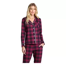 Pijama Americano Feminino Longo Com Botões Calça Xadrez 