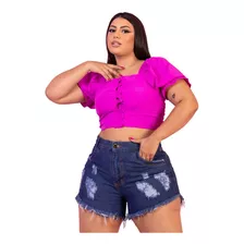 Short Jeans Plus Size Hot Pants Cintura Alta Barra Desfiada