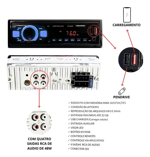 Aparelho Som Radio Automotivo Bluetooth Mp3 Usb Rgb Roadstar 4
