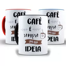 Caneca Café Boa Ideia Frase Cerâmica Preta Xícara + Caixa