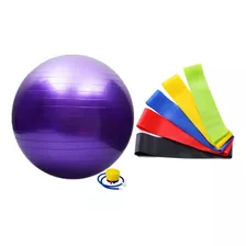 Bola De 55cm Yoga Suíça E Kit 5 Faixas Elásticas Mini Band