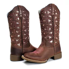 Bota Texana Feminina Laser Losango Sola Marrom Bico Quadrado