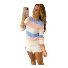 Blusa Feminina De Frio Tricot Canelada Listrada Candy Color