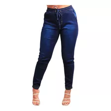 Calça Jogger Cordão Feminina Com Elástico Jeans Escura