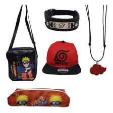 Kit Bolsa Transversal Naruto Pulseira Colar Boné E Estojo
